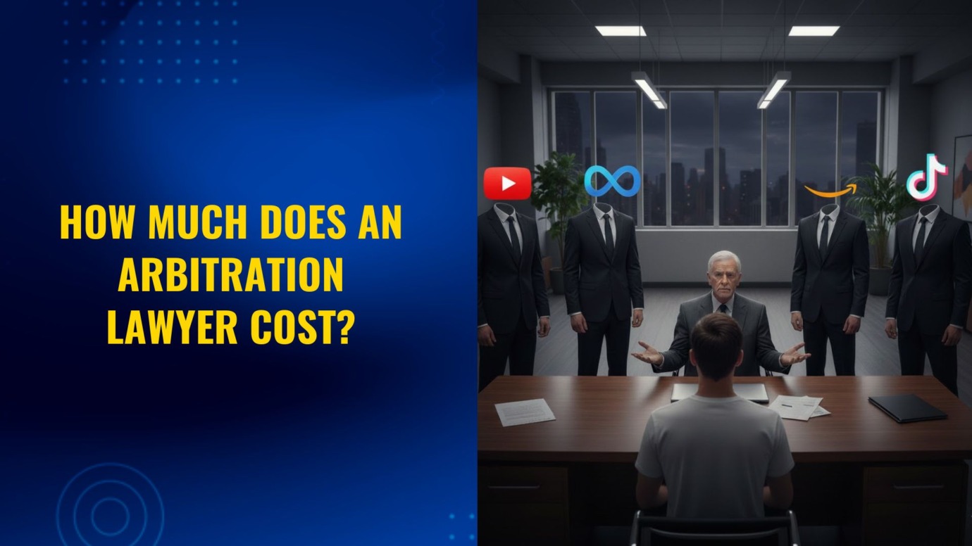 Business owner facing arbitration with YouTube, Meta, Amazon, and TikTok platform representatives in conference room