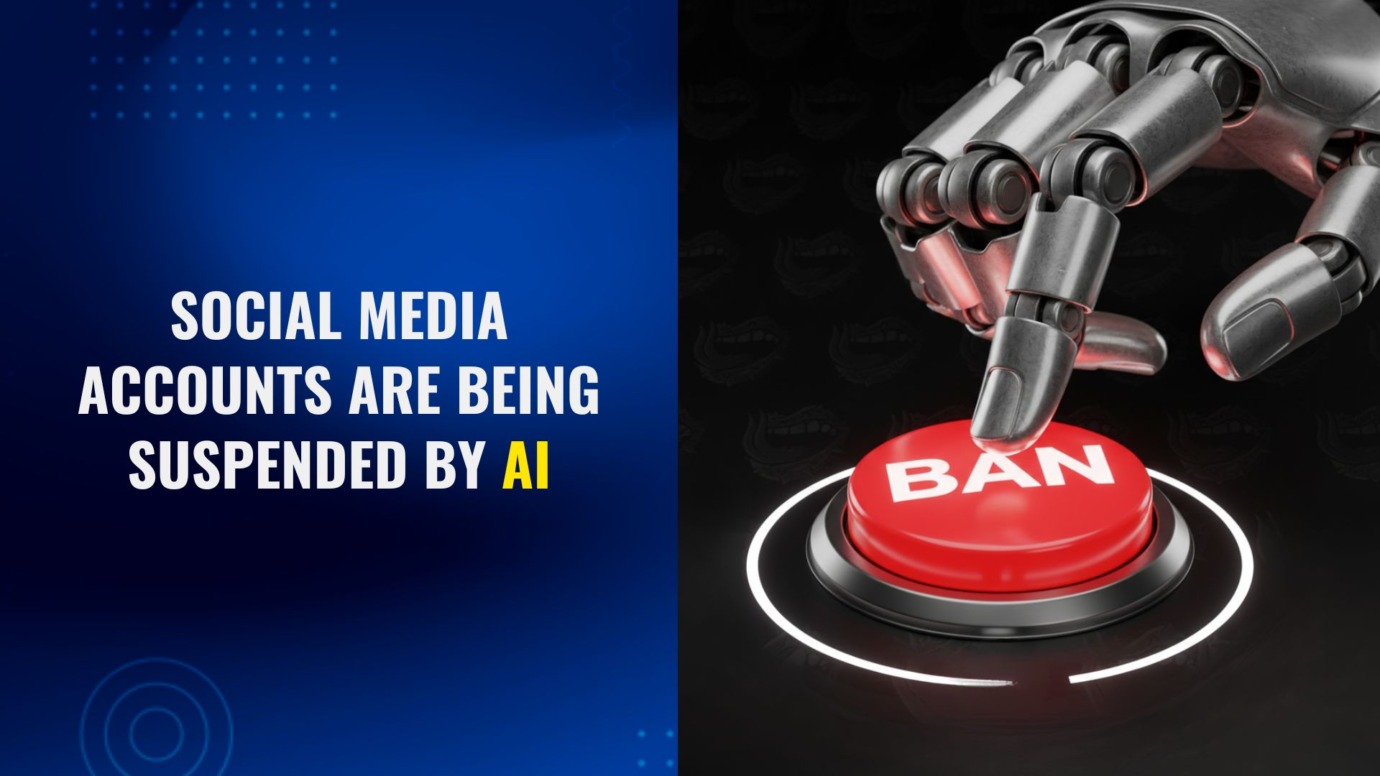 Social media accounts suspended by AI with a robot hand pressing a red ban button on a dark background