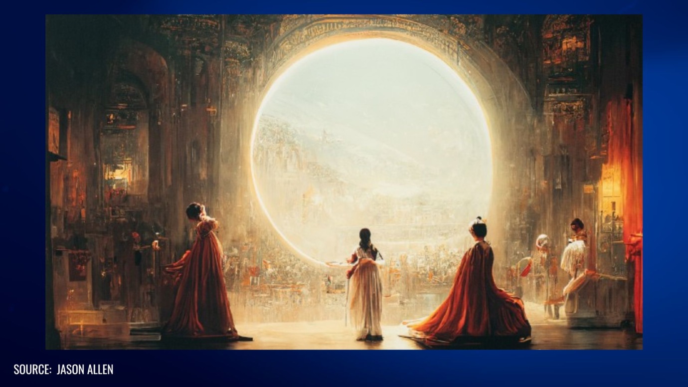 A grand, painterly scene inside an ornate hall where several figures in flowing, classical-style gowns stand before a massive glowing circular portal. Warm golden light fills the space, illuminating detailed architecture and a distant city-like backdrop, creating a surreal and dramatic atmosphere.
