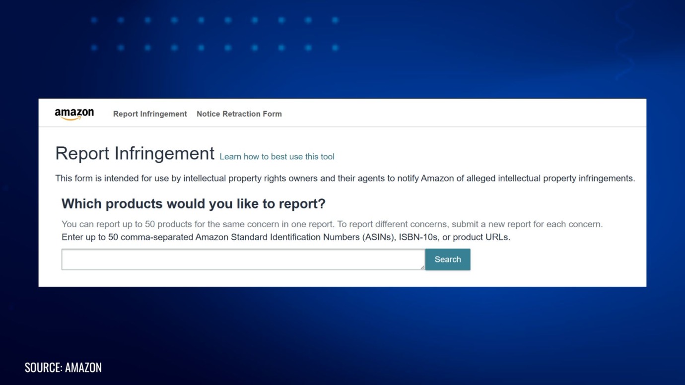 Amazon Report Infringement form showing how intellectual property owners submit IP infringement complaints on Amazon