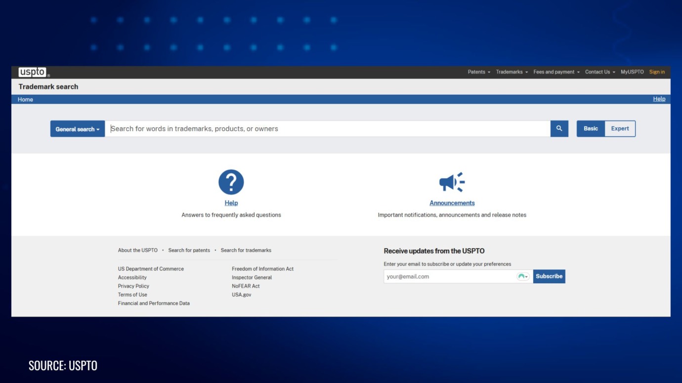 USPTO trademark search interface showing search bar for checking existing trademarks and registrations