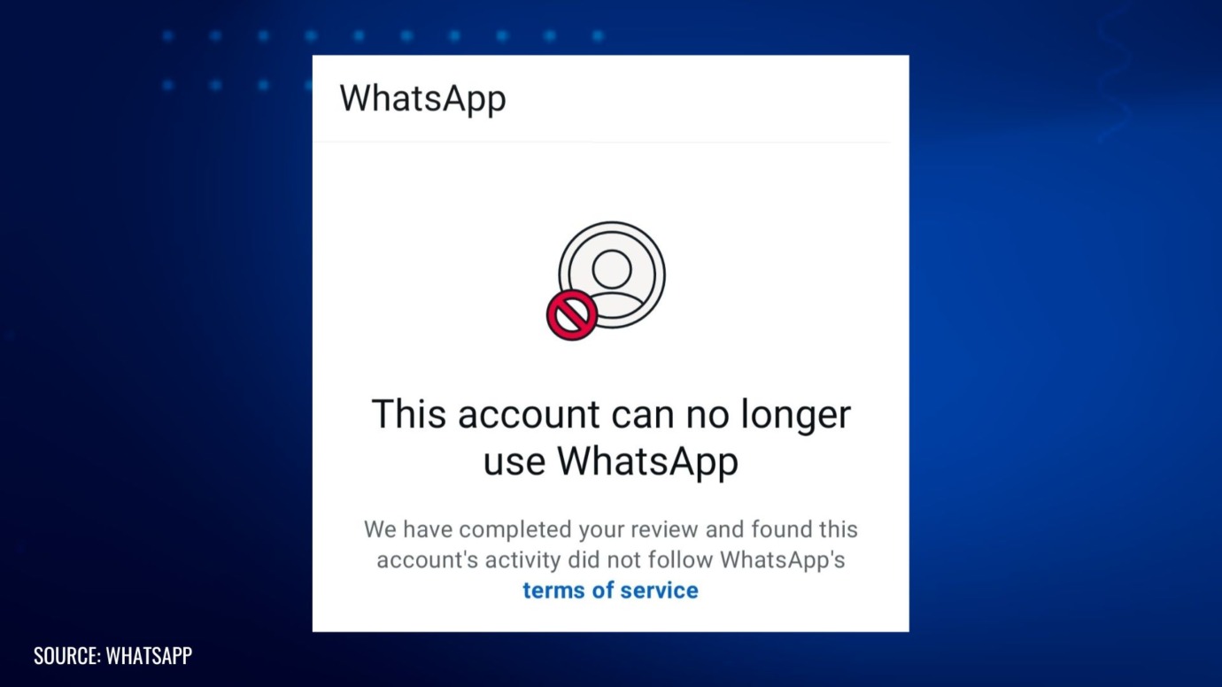 WhatsApp notification stating that the account can no longer use WhatsApp due to a violation of the terms of service