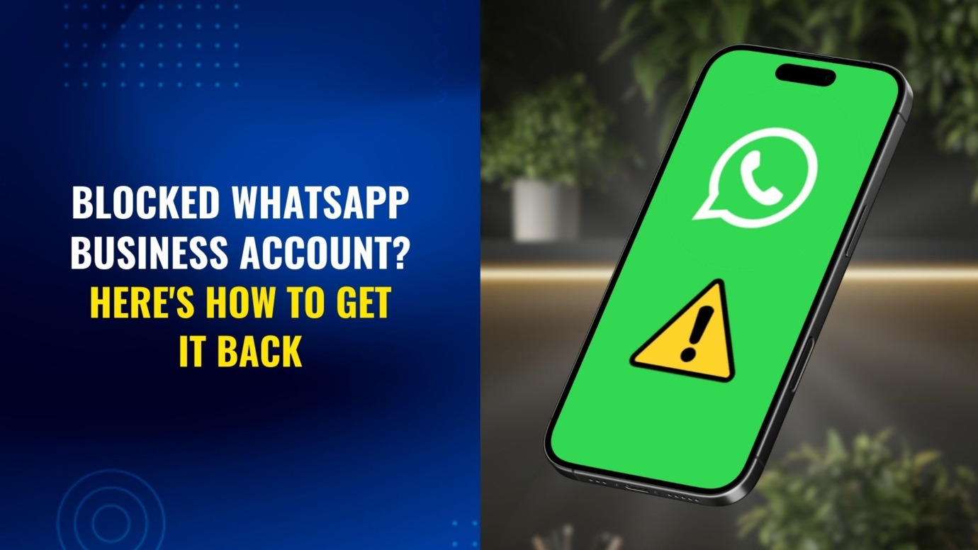 Blocked WhatsApp Business account displayed on a smartphone with a warning icon and text explaining how to recover the account