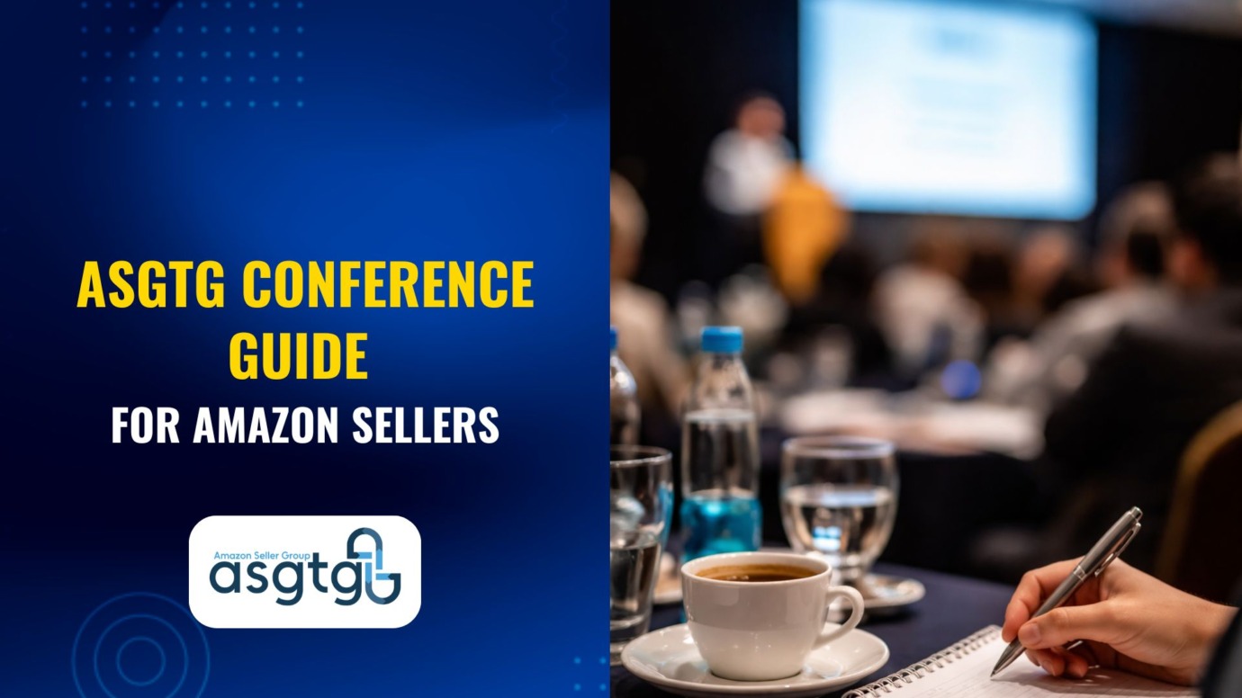 ASGTG conference guide graphic for Amazon sellers, featuring a blurred conference scene, notebook, coffee cup, and ASGTG logo