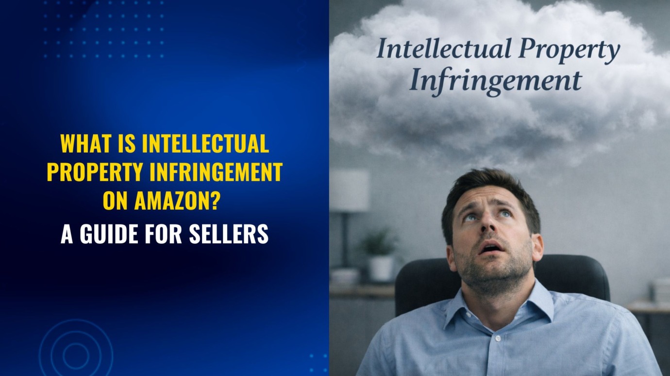 Amazon seller looking worried under the words intellectual property infringement, explaining IP infringement risks on Amazon