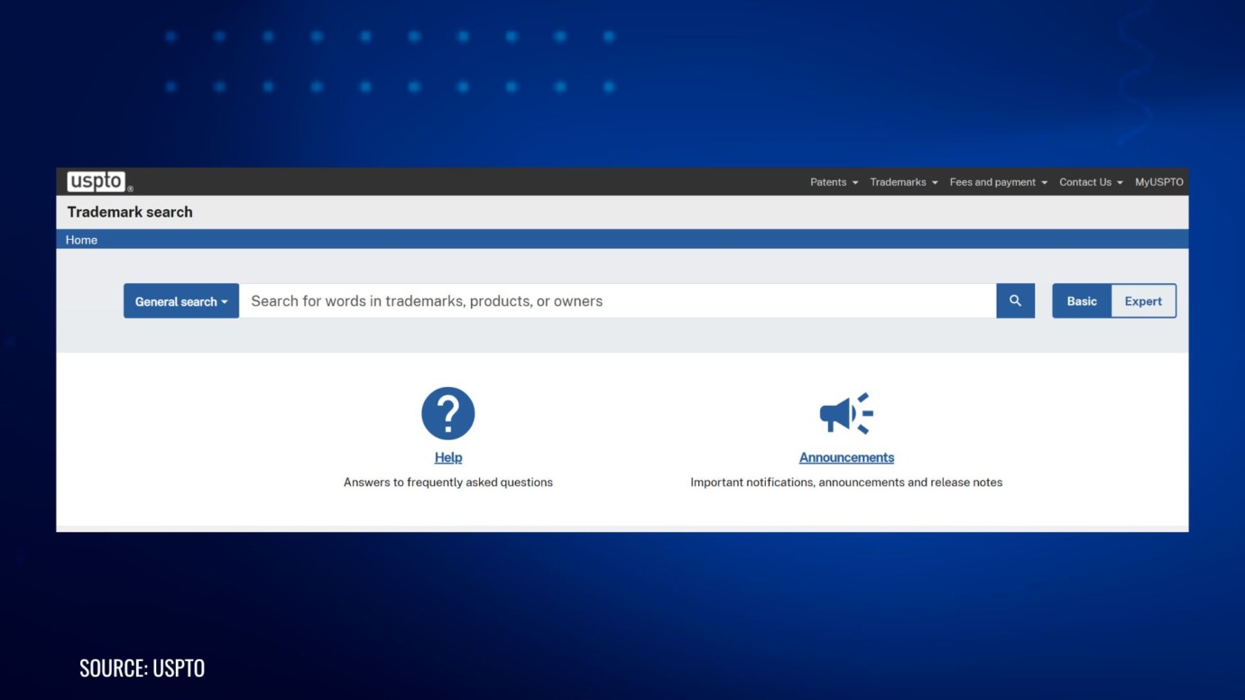 USPTO trademark search page showing how sellers check existing trademarks to avoid intellectual property infringement