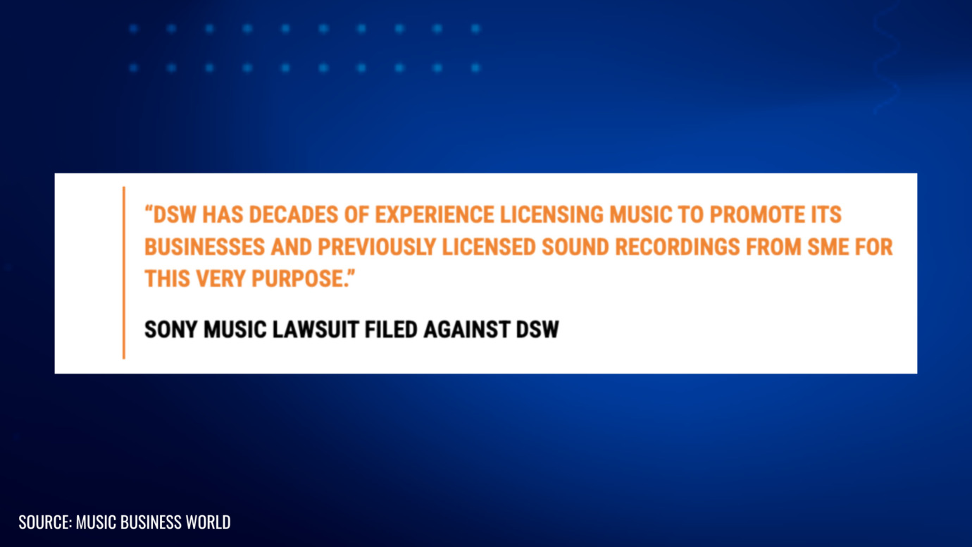DSW's statement on Sony Music lawsuit, emphasizing decades of music licensing experience, including prior agreements with SME.