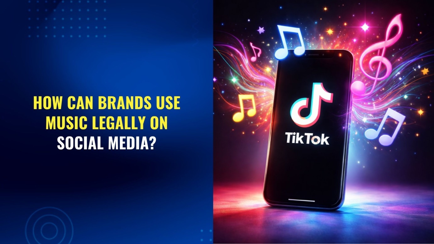 Smartphone displaying TikTok logo with colorful music notes and text about using music legally on social media