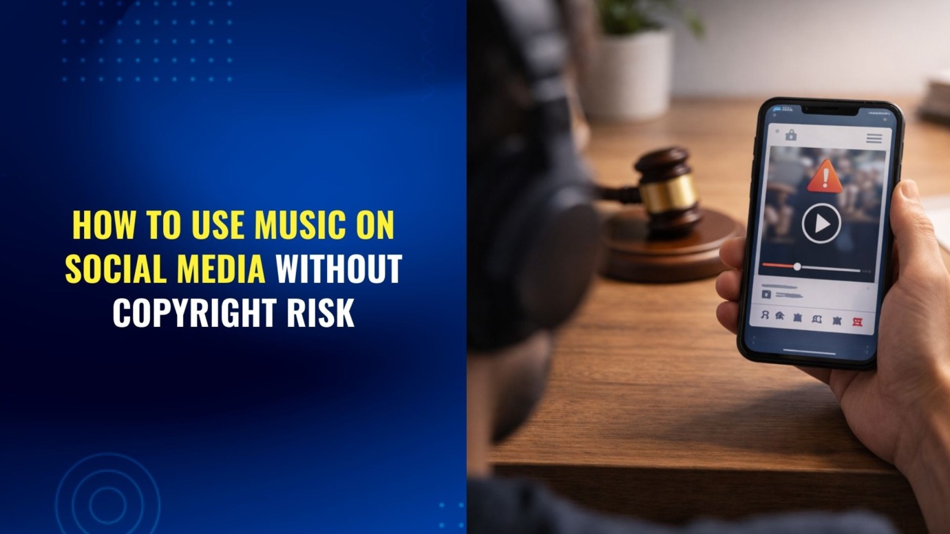 Smartphone showing social media video warning with gavel, illustrating music copyright risk for brands