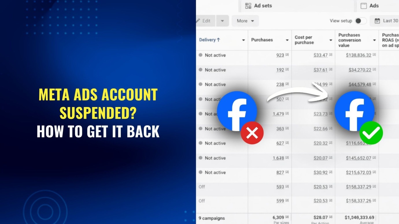 Meta Ads account suspended graphic with Facebook icons, red X and green check, and Ads Manager dashboard background