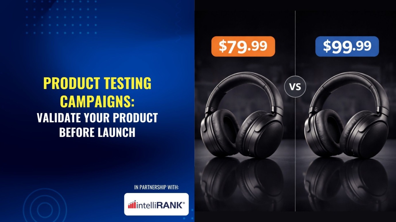 Product testing campaign visual showing identical headphones priced at $79.99 vs $99.99 for pre-launch validation