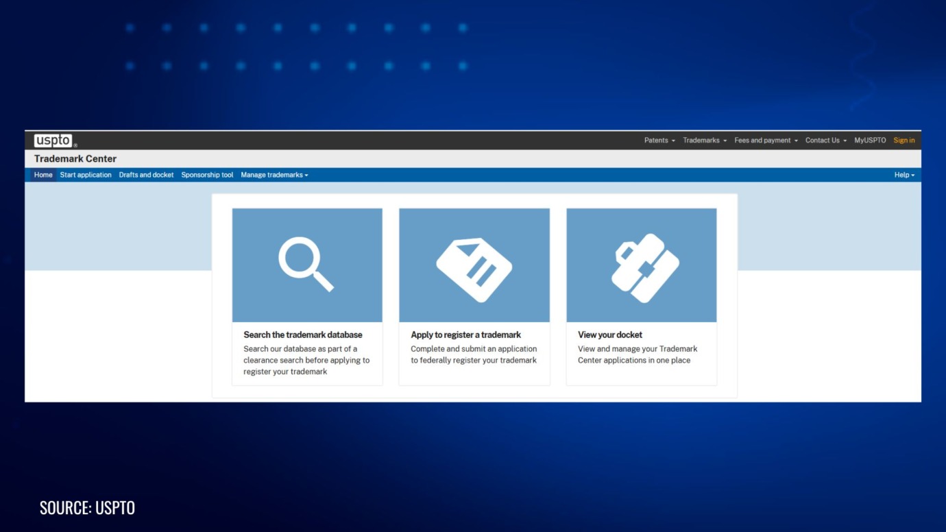 USPTO Trademark Center webpage showing trademark search, registration, and docket management options
