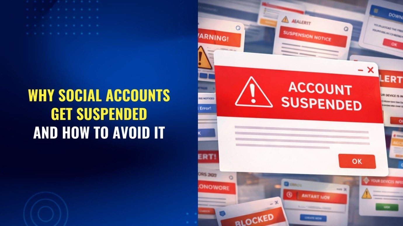 Account suspended warning popup on screen next to headline about why social media accounts get suspended