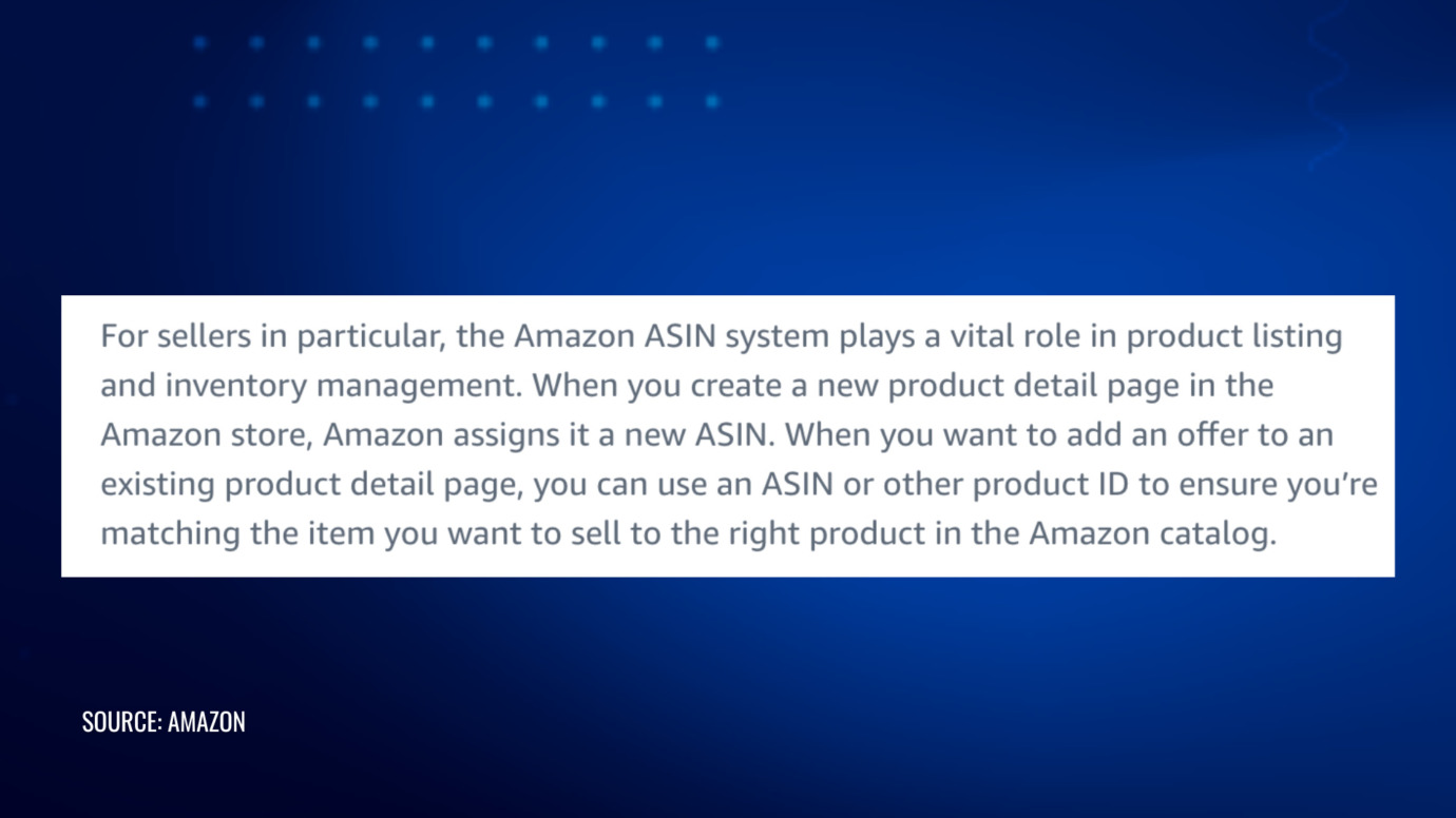 Explanation of Amazon's ASIN system for sellers, detailing its role in product listing, inventory management, and matching offers to existing product detail pages