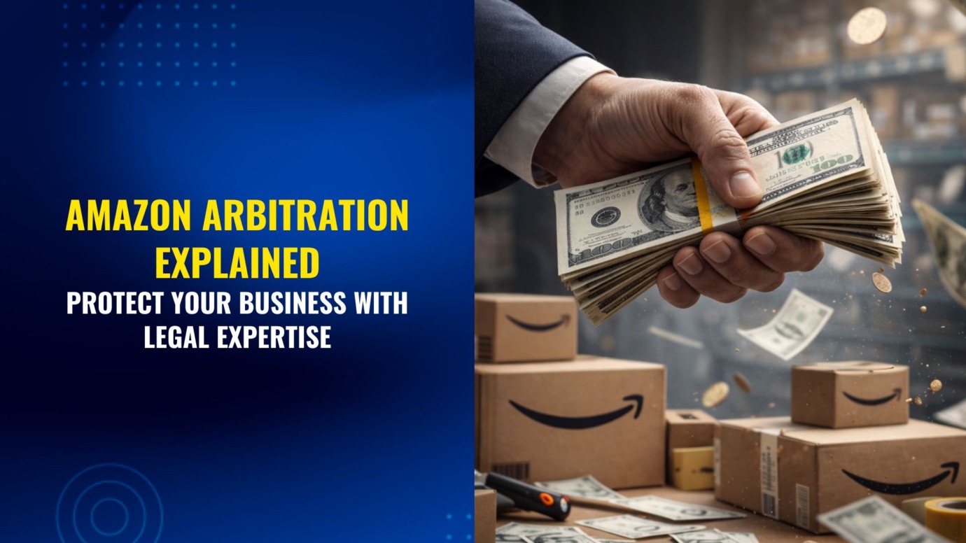 Amazon arbitration concept showing hand holding cash above ecommerce shipping boxes symbolizing withheld seller funds dispute