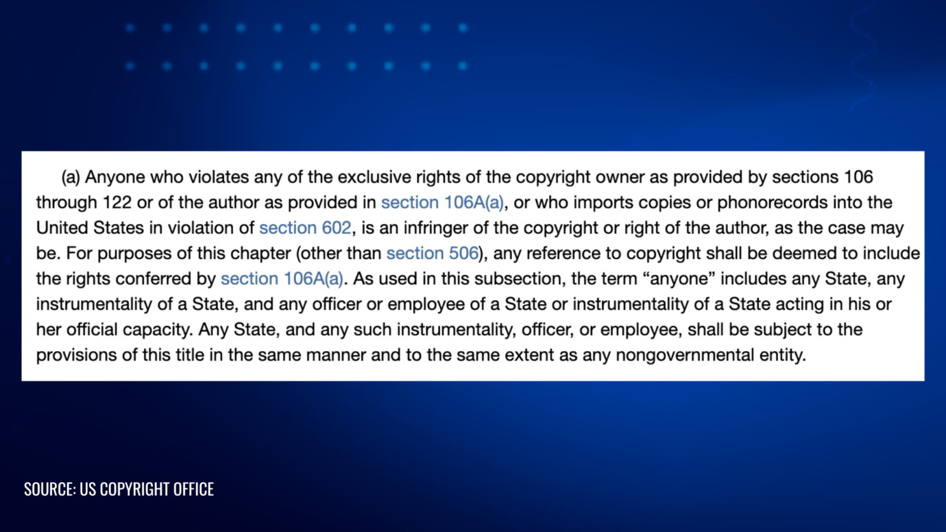 Legal definition of copyright infringement, covering exclusive rights violations, imports, and applicability to state entities under section 106A(a)