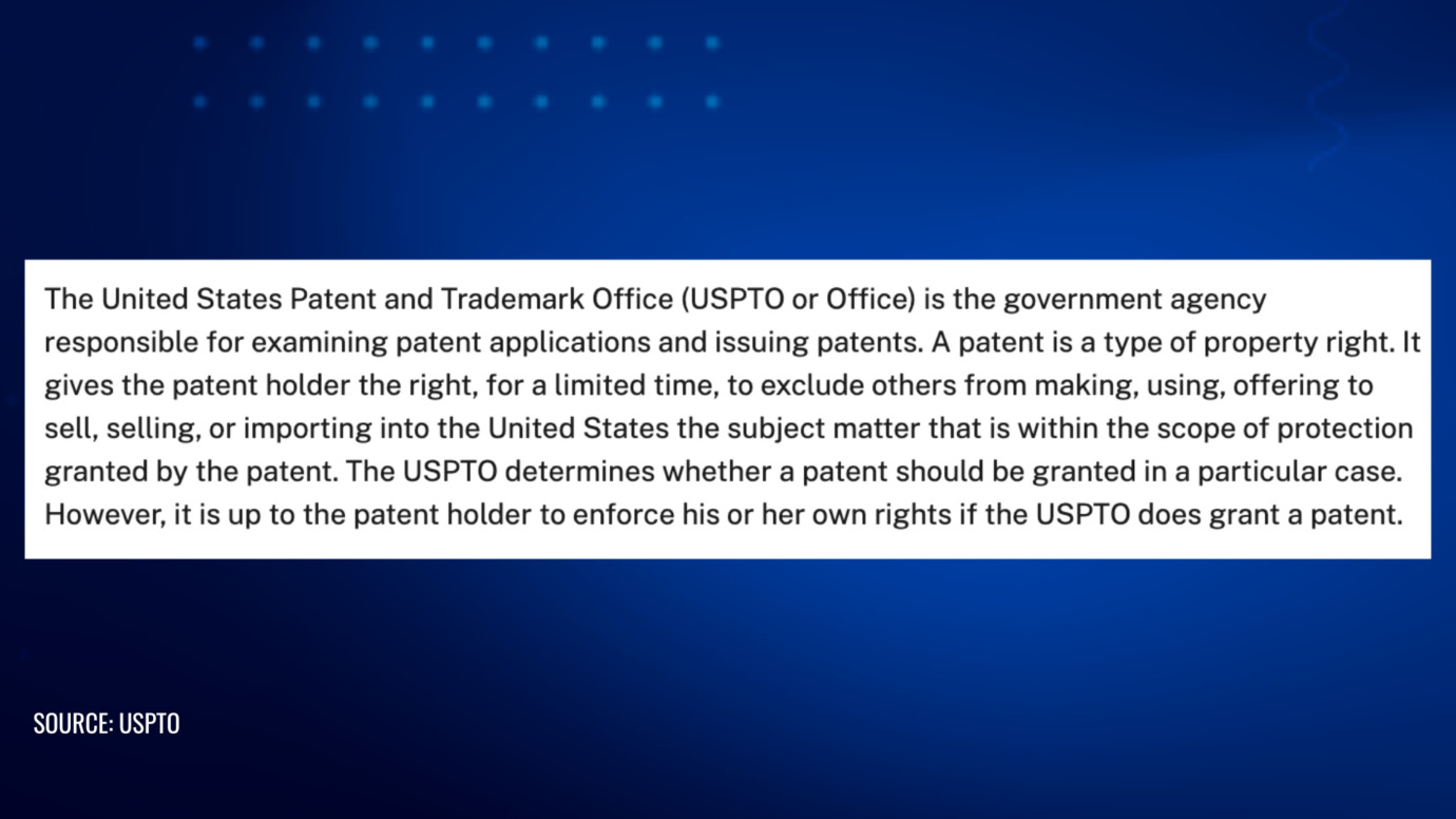Overview of USPTO's role in granting patents, defining patents as property rights, and emphasizing holder's enforcement responsibility