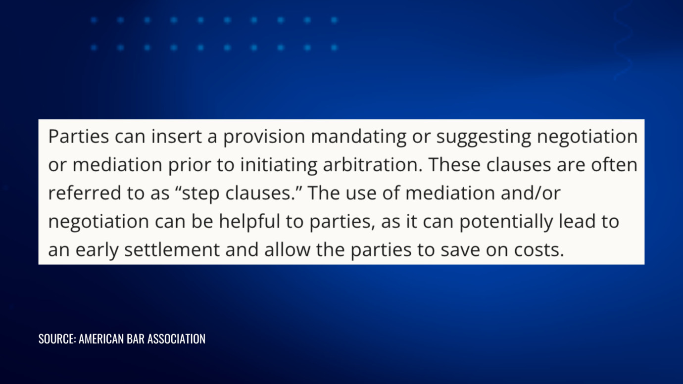 Explanation of step clauses in arbitration, which mandate or suggest negotiation or mediation before arbitration, highlighting benefits like early settlement and cost savings