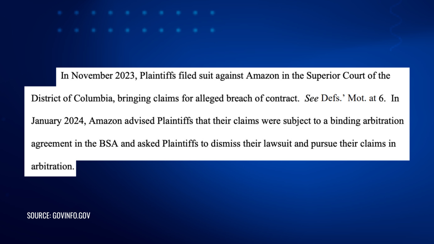 Excerpt from a legal document detailing a November 2023 lawsuit against Amazon for breach of contract, with Amazon invoking a binding arbitration agreement under the BSA