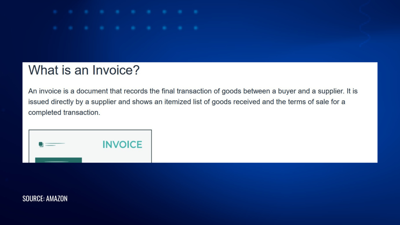 Definition of an invoice as a document recording transactions between a buyer and supplier, detailing goods received and terms of sale