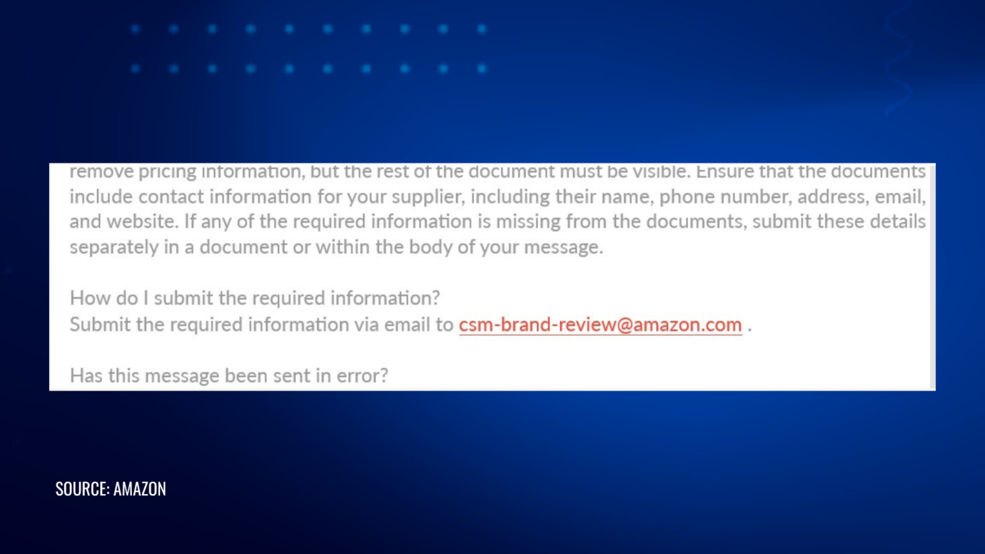 Instructions from Amazon for submitting supplier contact information, specifying required details like name, phone number, address, email, and website, with submission via email to csm-brand-review@amazon.com