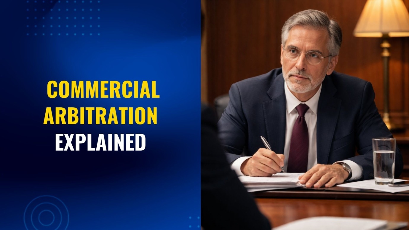 Commercial arbitration explained with arbitrator listening during a legal hearing at a conference table