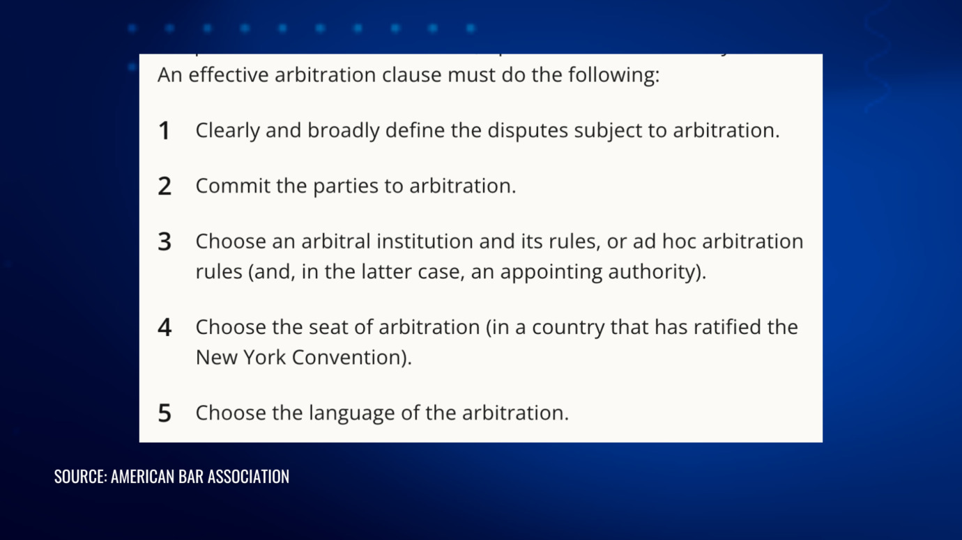 Key elements of an effective arbitration clause, including defining disputes, committing parties to arbitration, selecting arbitral rules and institutions, choosing the seat and language of arbitration