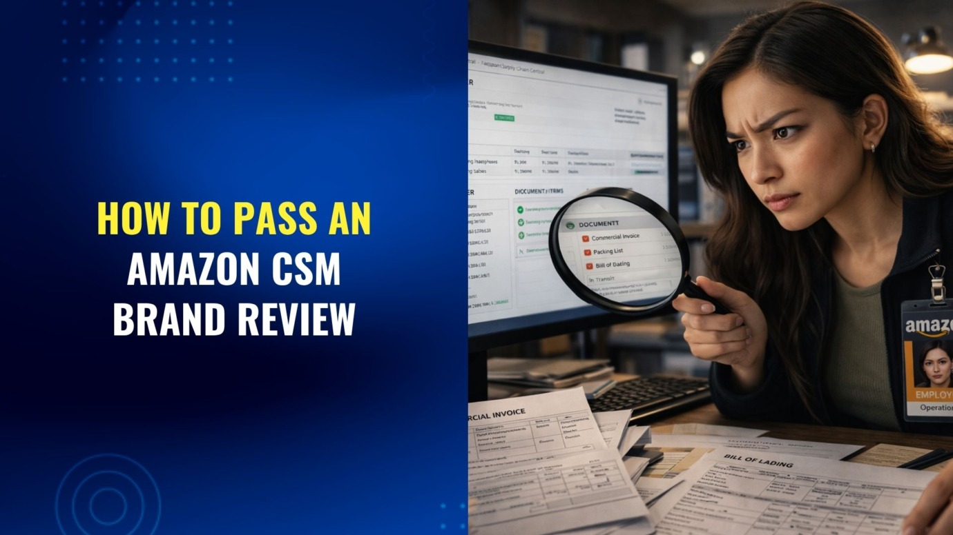 Amazon CSM brand review process, employee analyzing invoices and documents with magnifying glass on dashboard