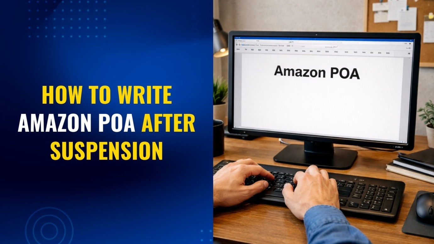 Hands typing Amazon POA on computer after account suspension in home office workspace