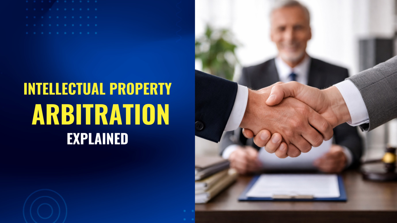 Business handshake in office with arbitrator blurred in background, symbolizing intellectual property arbitration agreement