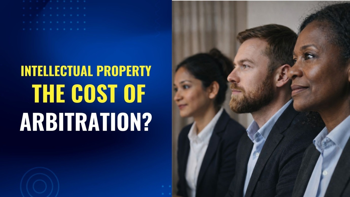 Three business professionals listening attentively beside text about the cost of intellectual property arbitration