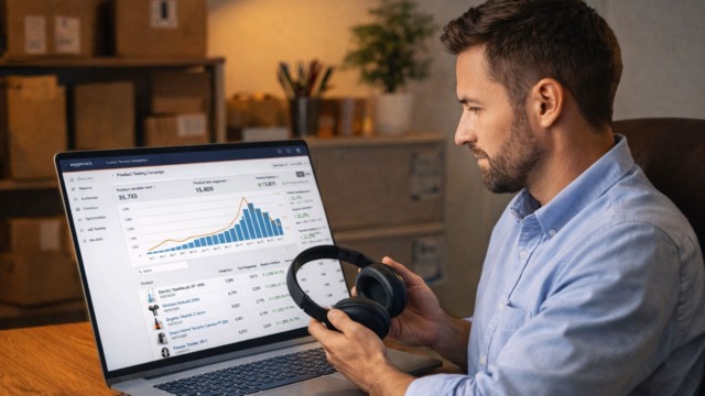 Amazon seller reviewing product testing data on laptop while holding wireless headphones in a warm office setting.