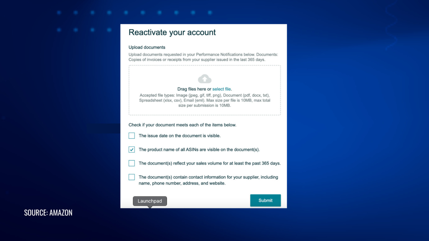 Amazon account reactivation window for submitting an appeal after suspension, requiring supplier documents like invoices or receipts, with a checklist for document verification and upload instructions
