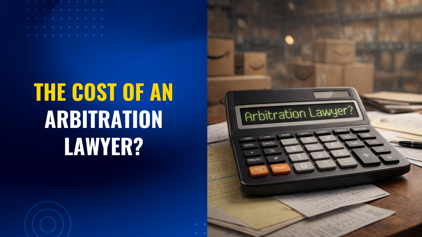 Calculator on a desk displaying the text “Arbitration Lawyer?” next to documents and packages, illustrating the cost of hiring an arbitration lawyer for business disputes.