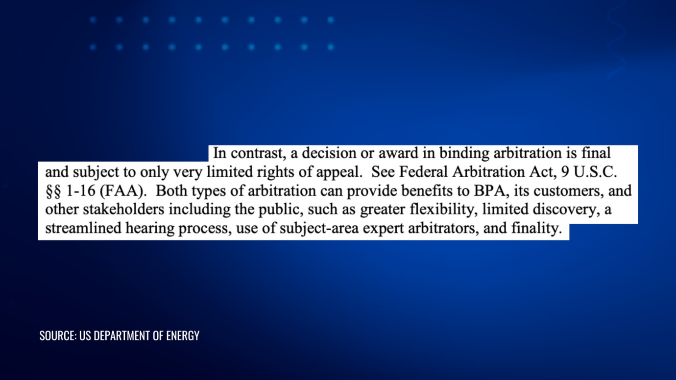 Excerpt from the U.S. Department of Energy document on binding arbitration, highlighting its finality, limited appeal rights, and benefits like flexibility and streamlined processes under the Federal Arbitration Act