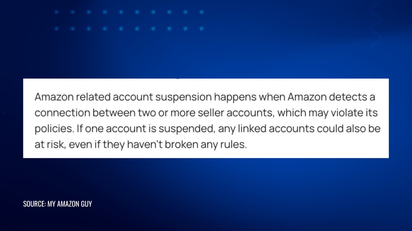 Explanation of Amazon related account suspension, highlighting that linked seller accounts may be at risk if one account is suspended, even if no rules are broken