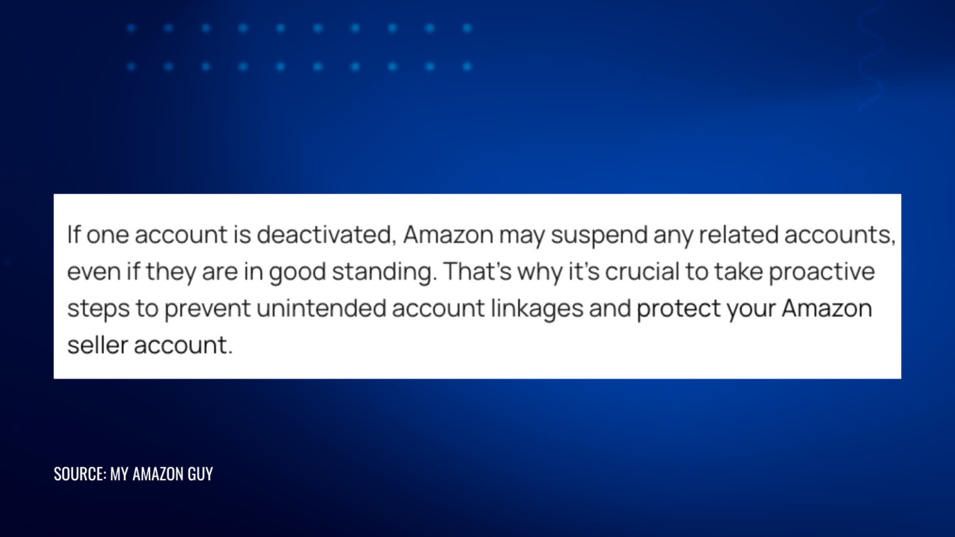 Warning about Amazon's policy on related accounts, stating that deactivation of one account may lead to suspension of linked accounts, with advice to prevent unintended linkages