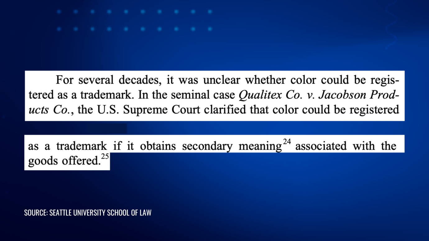 Qualitex v Jacobson case excerpt explaining color trademark protection through secondary meaning in US law