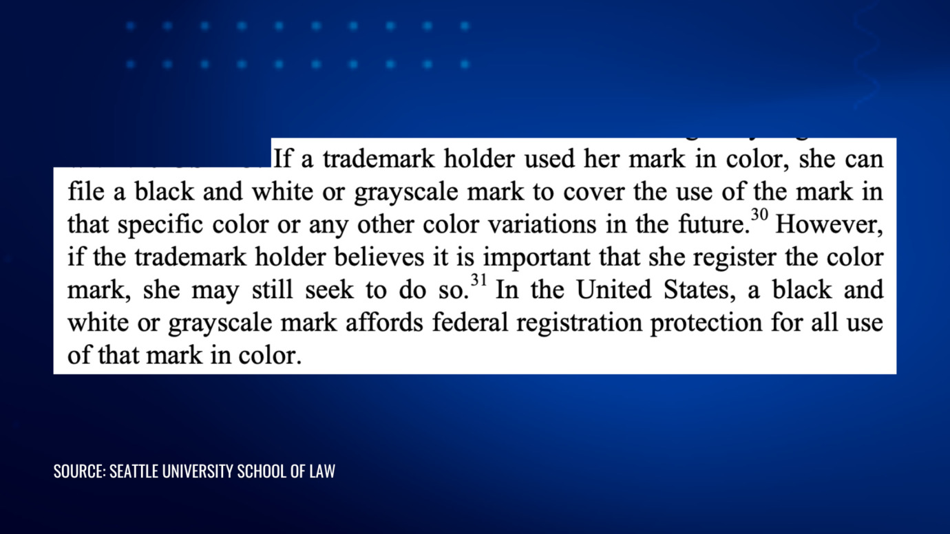 Trademark excerpt on black and white registration covering color use and future variations under US trademark law