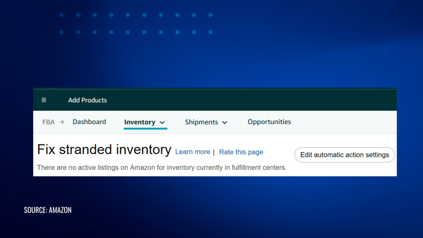 Amazon Seller Central stranded inventory dashboard showing inactive FBA listings and inventory management settings