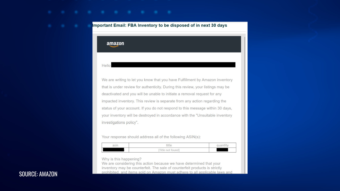Amazon FBA inventory disposal warning email for authenticity review and possible counterfeit investigation
