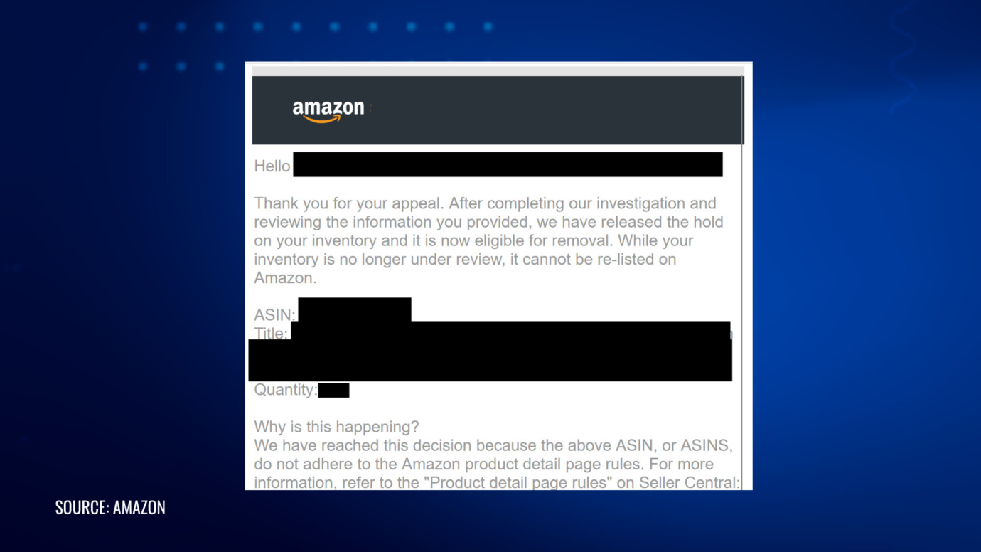 Amazon email confirming released FBA inventory hold after appeal review and removal eligibility approval