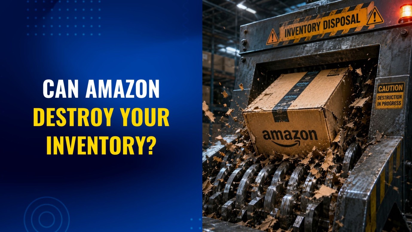 Amazon inventory destruction machine shredding fulfillment box in warehouse after seller account enforcement