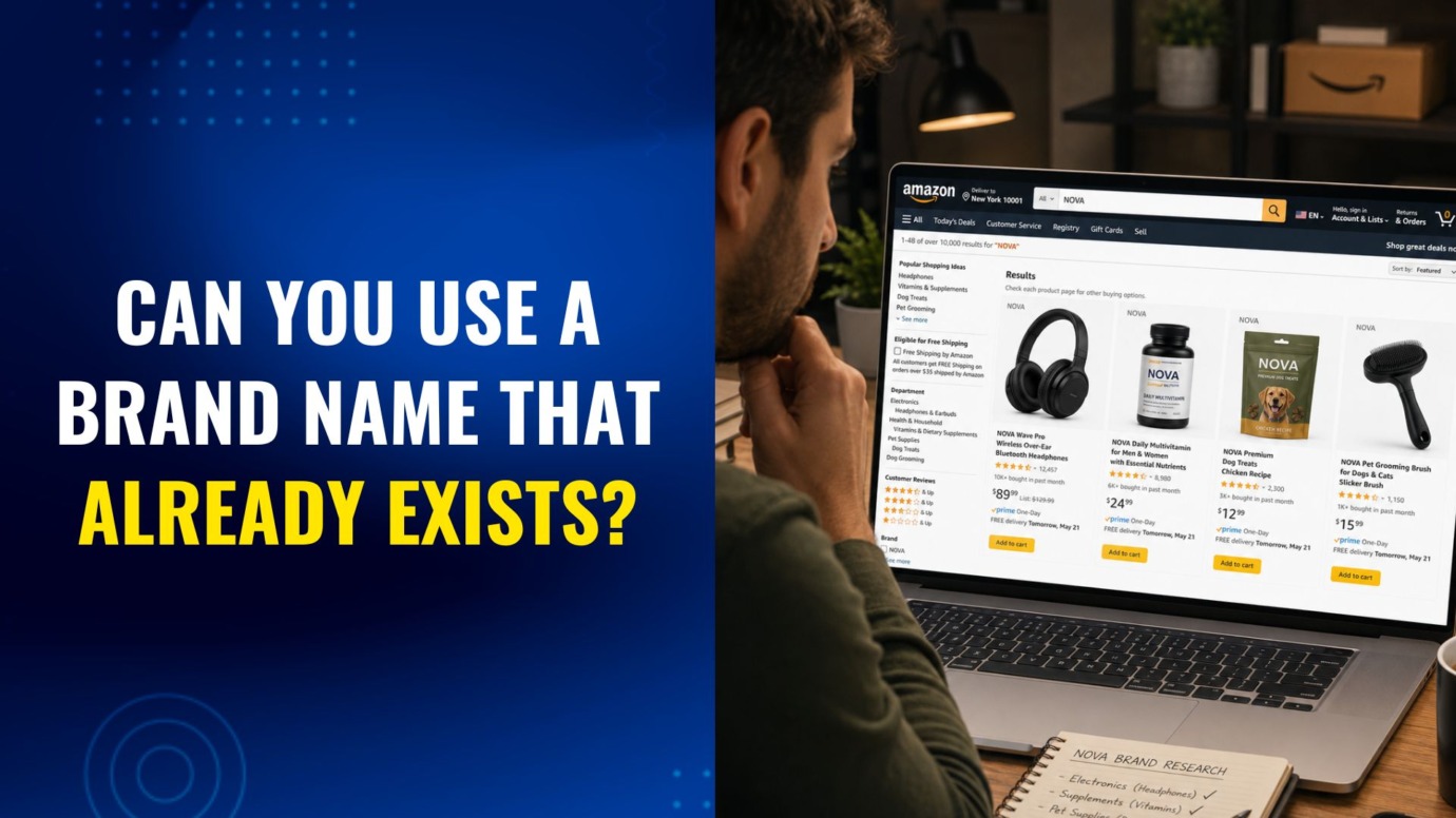 Amazon seller researching existing brand names across multiple product categories on a marketplace website