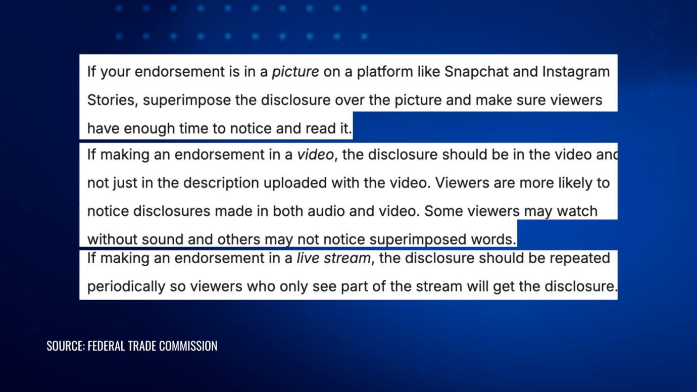 FTC endorsement disclosure guidelines for Instagram Stories, videos, and live streams with visible sponsorship notices
