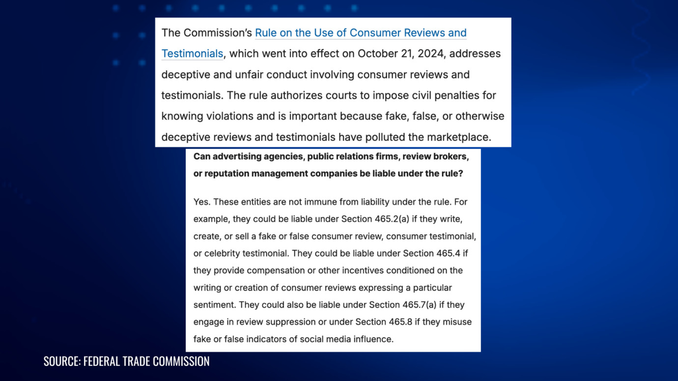 FTC consumer reviews rule excerpt covering fake testimonials, deceptive reviews, and agency liability