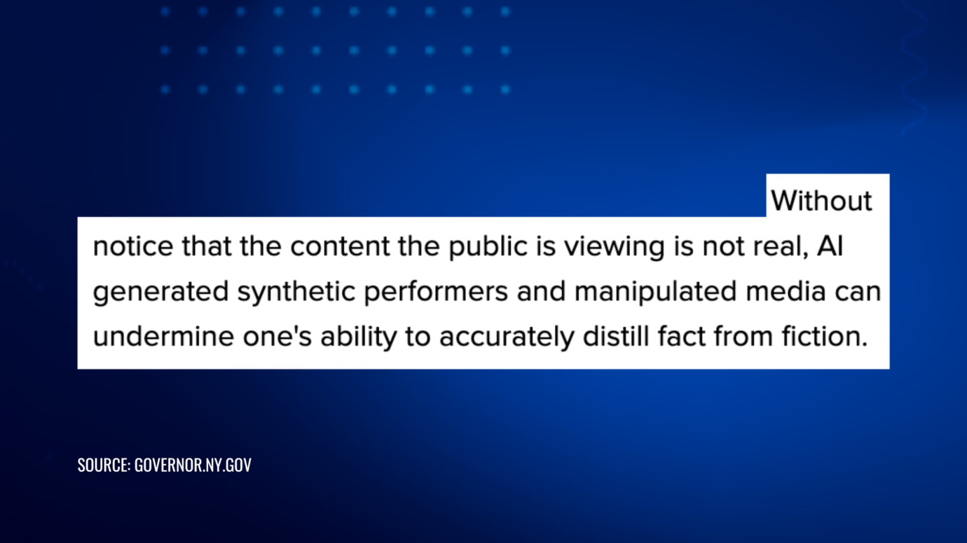 New York AI transparency law excerpt warning synthetic performers and manipulated media can blur fact and fiction