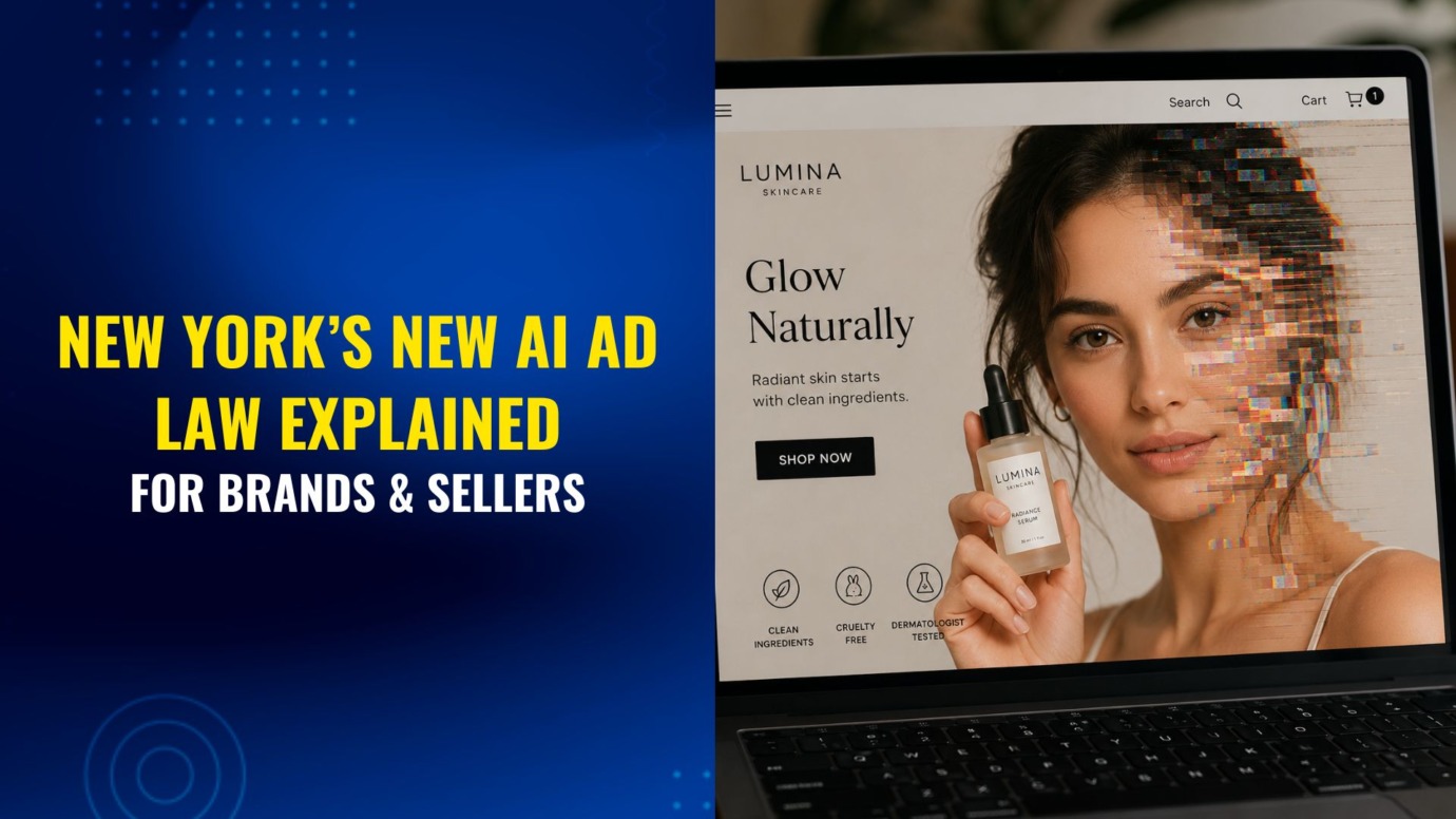 Laptop displaying AI-generated skincare ad with glitching model face illustrating New York AI advertising disclosure law