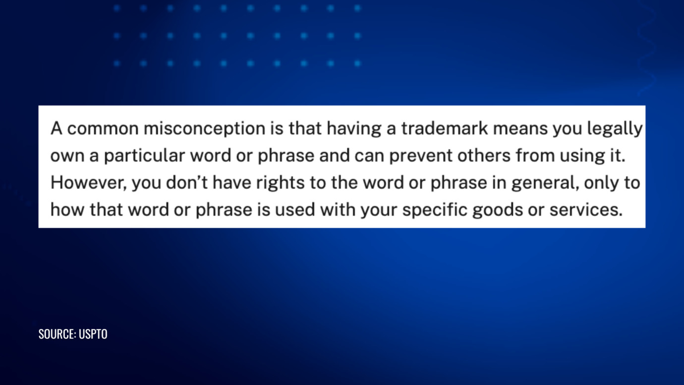 USPTO trademark rights excerpt explaining limits on owning words or phrases across industries