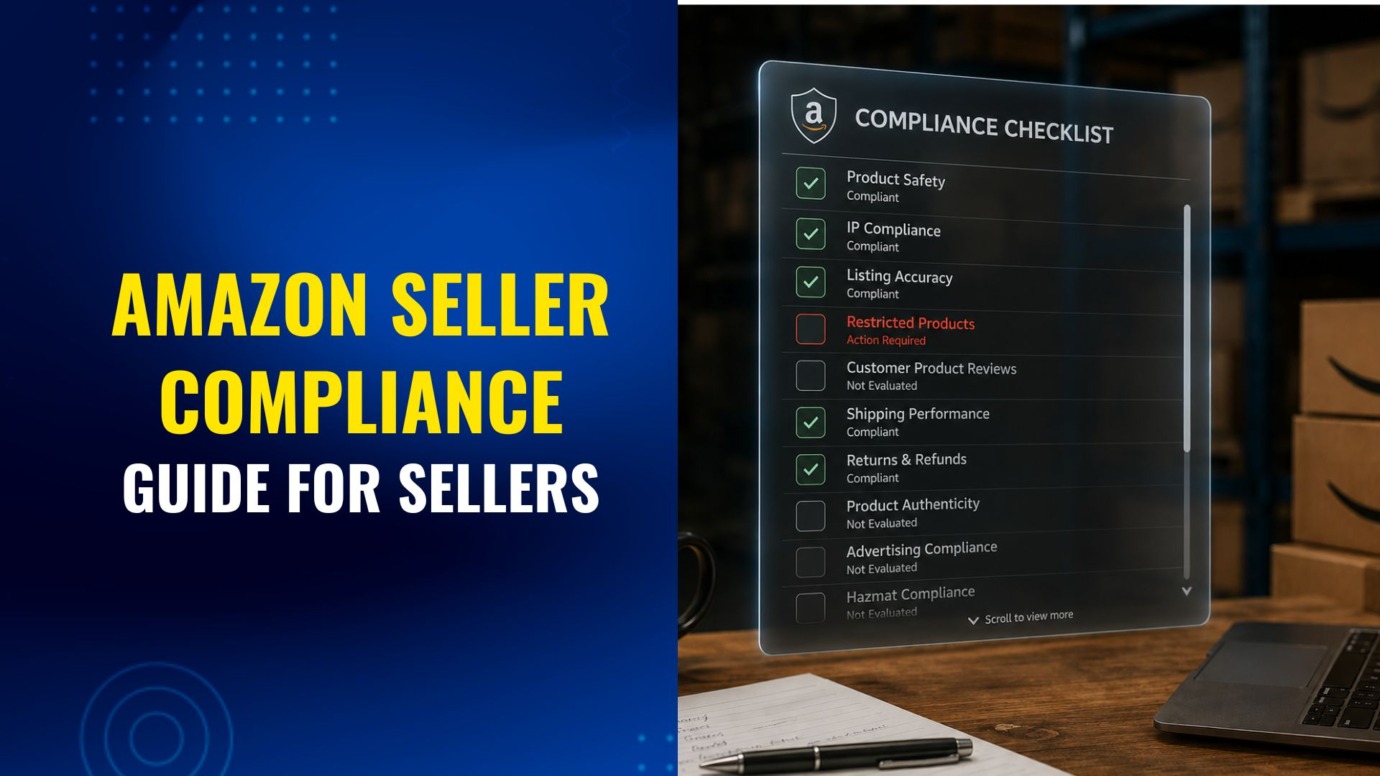 Amazon seller compliance checklist showing product safety, IP compliance, and restricted product warnings